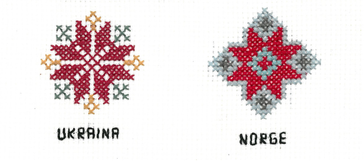 Bilete synar broderi i korssting. Eit mønster frå Noreg og eit mønster frå Ukraina.